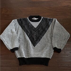 Vintage 90s Gabrielle Black White Chunky-Knit Pullover Sweater Leather Trim